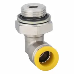 This nickel-plated brass tube fitting features a push-to-connect connection on one end and a BSPP threaded port on the other. It accepts 10 mm outside diameter tubing and has a 3/8 inch pipe size. The silver finish resists corrosion. Typical applications include pneumatic and fluid systems where quick, tool-free installation is required.