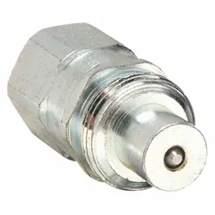 Steel-bodied quick-connect coupling plug for hydraulic systems. Features 1/4"-18 NPTF thread size and maximum flow rate of 7.57 lpm. Enables fast, leak-free connection and disconnection of hoses in industrial hydraulic circuits.