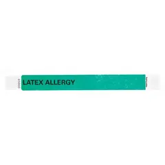 Green Tyvek security wristband for identifying individuals with latex allergies. Measures 10 inches long by 1 inch wide. Pack of 500. Suitable for healthcare, industrial, or event settings where allergy communication is required.