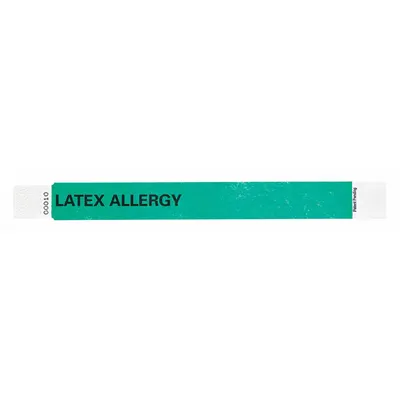 ID Wristband: Latex Allergy, 10 in Overall Lg, 1 in Overall Wd, Tyvek, Green - Security Wristbands