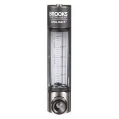 This panel-mount variable-area flowmeter is designed for measuring flow rates of air and compressed gas. It features a scale display in liters, Viton O-ring seals, and a flow rate adjustment knob. Accuracy is ±5%, and the unit mounts vertically with FNPT connections.