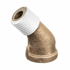 This 45° elbow is a threaded low-pressure pipe fitting for potable water systems. Made of brass with PTFE thread sealant, it connects two 1 1/4 in pipes. Rated Class 125 with a maximum operating pressure of 200 psi, it is suitable for plumbing applications requiring a directional change.