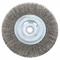 Crimped stainless steel wire wheel brush for light cleaning and surface preparation on stainless steel. Removes rust, scale, and oxidation without contaminating the workpiece. Suitable for metal fabrication, welding prep, and general maintenance tasks
