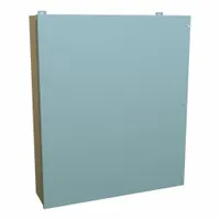 This steel enclosure is rated NEMA 12 for protection against dust, dirt, and non-corrosive liquids. It measures 42 x 36 x 9 inches and includes a panel. The solid cover is hinged and secured with screws. Knockouts are not provided