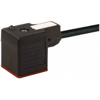 Single-ended cordset with a DIN Form A female right-angle connector on one end and bare wires on the other. Features a 1.5 m PUR cable, 18 AWG wire size, black jacket, and IP65 rating. Used for connecting solenoid valves, sensors, and actuators in industrial automation systems