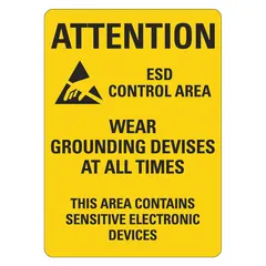 Non-retroreflective plastic sign with mounting holes, sold in a pack of 5. Alerts personnel to wear grounding devices in ESD control areas containing sensitive electronic devices. Suitable for indoor use in manufacturing, assembly, and repair facilities to prevent electrostatic discharge damage.