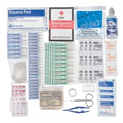 This bulk first aid kit refill is designed for industrial settings to treat minor injuries. It serves 25 people with 107 components, including 12 BZK wipes, 12 aspirins, 6 gauze pads, and 2 knuckle bandages. The refill is OSHA compliant, latex free, and compatible with kit 711123.