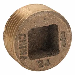 Low-pressure threaded pipe fitting for sealing unused ports in piping systems. Made from C89833 brass with a maximum operating pressure of 125 psi @ 72° F. Features a square drive for wrench installation. Suitable for water, air, and oil lines.