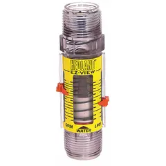 This HEDLAND flowmeter is a variable area, inline scale-type meter for water, measuring flow in gallons with +/-5% accuracy. It features Buna-N seals and O-rings, universal mounting orientation, and a remote output. Suitable for monitoring flow in water lines, cooling systems, and process loops.