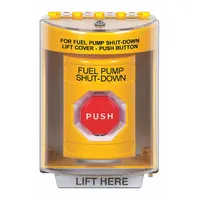 This yellow push button is an emergency stop device for fuel pump shutdown in industrial or commercial settings. It provides a quick, manual way to cut power to pumps during a safety event. The unit measures 3 3/16 in depth and 3 1/4 in width, and is ADA compliant