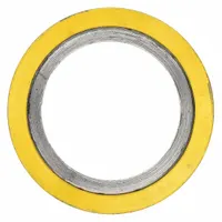 This spiral-wound gasket features a graphite filler and 304 stainless steel winding. Designed for 4-inch pipe with a 5-inch inner diameter, it is used to seal flanged joints in piping systems handling high-pressure or high-temperature fluids