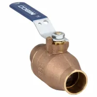 Bronze two-piece full-port ball valve with straight sweat connections and lever handle. Used for manual on/off flow control in water, oil, and gas piping systems. Rated for industrial applications requiring minimal pressure drop