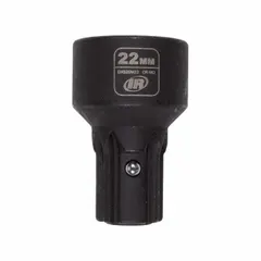 This 22 mm, 6-point impact socket has a standard length of 1 9/16 inches. It is designed for use with impact wrenches in heavy-duty fastening applications, such as tightening or loosening metric bolts and nuts in automotive and industrial settings.