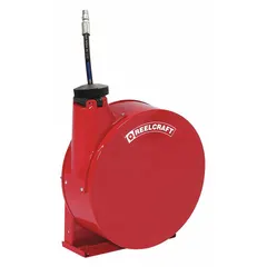 Enclosed spring-return hose reel for compressed air applications. Includes 25 ft of 1/4 in I.D. hose with 1/4 in MNPT end. Brass swivel, 300 psi max operating pressure. Red finish, dimensions 16-1/4 in L x 7 in W x 15 in H.