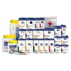 This bulk first aid refill is designed for first response in workplace or public settings. It meets ANSI/ISEA Z308.1-2021 Type I/II standards and serves up to 100 people. The kit includes 25 adhesive bandages, a gauze roll, and 2 sterile eye pads, all latex-free. No oral or inhalant medication is included.