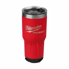 Red metal bottle with 30 oz capacity, 8 in overall height, and 4 1/8 in overall diameter. Insulated stainless steel construction maintains beverage temperature. Suitable for use in industrial environments, job sites, and field service where hydration is needed.