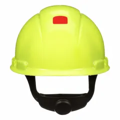 Polyethylene hard hat with a 4-point ratchet suspension system. High-visibility yellow shell. Type 1, Class E rating for top impact and electrical protection. Suitable for construction, manufacturing, and utility applications.