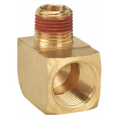 This 90° elbow fitting is used to change flow direction in high-pressure fluid systems. It features a 3/8 in male NPT threaded end and a 1/4 in female NPT threaded end, with sealant applied for leak resistance. Rated for maximum operating pressure of 1,000 psi.