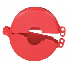 Gas cylinder lockout device designed to secure cylinder valves during maintenance. Fits valve stems up to 1 1/4 in diameter. Used in lockout/tagout procedures to prevent accidental valve operation.