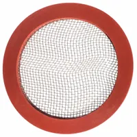 Red silicone cam and groove gasket with flat with screen design for 2 in coupling size. Outside diameter 2 5/8 in, durometer 60A. Used in cam-and-groove couplings to provide a seal in fluid transfer systems