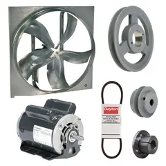 Unassembled belt-drive panel exhaust fan with drive package. Features a 24-inch blade, 1 1/2 hp motor, and 10,002 cfm airflow. Operates on 115/208-230V AC, single-phase power. Motor is open dripproof with Class B insulation. Frame is zinc-plated steel. Supplied without intake guards. Suitable for high-volume air movement in large spaces such as factories, warehouses, and commercial buildings.