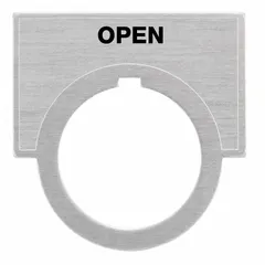 Half-round push-button legend plate for 30 mm panel mounting. Brushed aluminum face with black open legend in English. Overall height 1 1/2 in, width 2 in. Includes tab for secure attachment. Used to label push-button stations in industrial control panels.