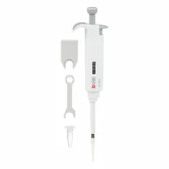 Manual adjustable volume pipettor with a white finish. Maximum capacity of 200 µL and volume increments of 1 µL. Designed for precise liquid handling in laboratory applications such as sample preparation, reagent dispensing, and serial dilutions.