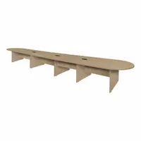 Oval conference table with Laminate/Melamine finish in Noble Oak. Overall length 240 inches, width 52 inches. Features PVC edge banding and slab leg design. Suitable for boardrooms, meeting rooms, and executive offices