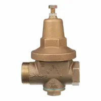 Bronze single-union water pressure regulator with FNPT x FNPT connections for 1-inch pipe size. Adjustable outlet pressure range of 25 to 75 psi. Low-lead compliant for use in potable water systems. Reduces and stabilizes incoming water pressure to protect downstream plumbing components