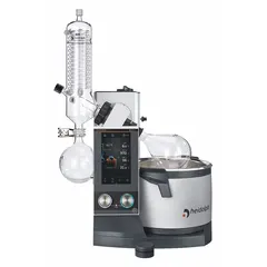This HEIDOLPH manual lift rotary evaporator features a 7-inch touch display for controlling the entire system, including vacuum and cooling temperature. It includes a G3 vertical condenser and a vacuum controller, with a rotation speed range of 10 to 280 RPM and a heating capacity of 1300 W. The 5 L unit uses manual height adjustment and does not include a vapor temperature sensor. Typical applications include solvent removal in chemical synthesis and pharmaceutical research.