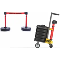 This mobile retractable belt barrier system includes four red posts with 15 ft red message belts reading 'Do Not Enter - Arc Flash Boundary' and five round flat fillable bases. Designed for temporary crowd control and safety demarcation, it is commonly used to cordon off hazardous areas in industrial facilities, warehouses, and event spaces.