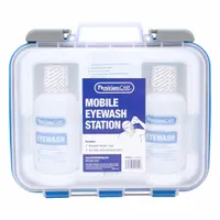 Closed-style plastic housing containing two 16 oz eyewash bottles pre-filled with ophthalmic solution. Designed for use with eyewash stations to provide supplemental eye irrigation in emergency situations. Suitable for industrial, laboratory, or facility first-aid areas