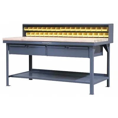 STRONG HOLD Workbench with Riser: Fixed Ht, Maple, 72 in x 36 in - Workbenches with Louvered Panels, Risers, Drawers & Lower Shelves