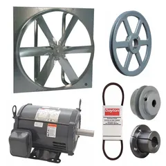 Unassembled belt-drive panel exhaust fan with drive package. 48-inch blade, 3 hp motor, 31,442 cfm airflow. 208-230/460V AC, 3-phase, single-speed, open dripproof motor with Class F insulation. Zinc-plated steel frame. Without intake guards. Suitable for high-volume ventilation in large facilities.