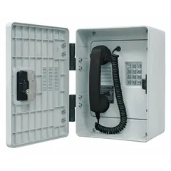 Surface-mount PSTN telephone with gray Hytrel plastic housing and latching door. Features a keypad and keylock door for secure access. Corrosion resistant for outdoor use in hazardous areas.