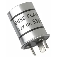 3-terminal flasher relay for 12V DC passenger-vehicle turn-signal and hazard-light circuits. Rated at 12.8 A with a flash rate of 2 to 6 per minute. Compatible with passenger vehicles.