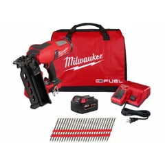 This cordless framing nailer kit operates on the M18 FUEL™ Li-Ion system and includes a 5.0 Ah battery. It uses 21° strip-collation nails and offers combination (sequential and bump) firing modes. Suitable for framing, sheathing, and truss work in construction.