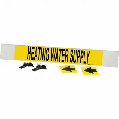 BRADY Pipe Marker: Heating Water Supply, Yellow, Black, Fits 8 in and Larger Pipe O.D. - Heating Water Supply Fiberglass Carrier Mounted with Strapping Pipe Markers