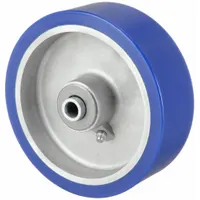 This wheel features a polyurethane tread bonded to an iron core, offering a load capacity of 1,230 lb. The 6-inch diameter and 2-inch width suit material handling equipment such as carts and dollies. Blue tread color. Suitable for industrial environments requiring floor protection and quiet operation