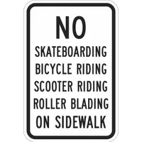 Aluminum sign with mounting holes for easy installation. Features Engineer Grade retroreflective sheeting for visibility. Prohibits skateboarding, bicycle riding, scooter riding, and roller blading on sidewalks. No header design