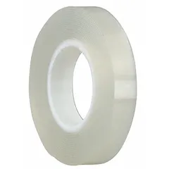 This transparent double-sided foam tape features a closed-cell polyethylene foam backing with a removable bond type. It is 1 inch wide, 4 yards long, and 31.25 mil thick. Suitable for mounting, bonding, and fastening applications where temporary positioning or clean removal is required, such as signage, displays, and light-duty assembly.