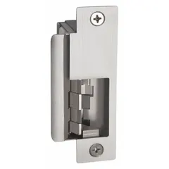 This HES mortise electric strike is constructed of stainless steel and measures 4 7/8 inches in height. It operates on 12V AC/DC input voltage and is rated for heavy-duty performance. Commonly used in commercial access control systems to secure doors by releasing the latch when power is applied.