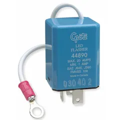 Two-terminal flasher relay for 12V DC vehicle electrical systems. Rated 20 A with a flash rate of 60 to 120 per minute. Compatible with round flasher sockets. Used in turn-signal and hazard-light circuits on trucks, trailers, and heavy equipment.