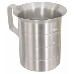This CRESTWARE liquid measuring cup has a 1 pt capacity and is made of gray aluminum. It is NSF Certified for food-contact surfaces and features graduation subdivisions of 1/2 qt. Suitable for measuring liquids in commercial kitchens and food service operations.
