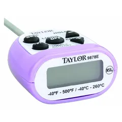 TAYLOR 9878EPR digital stem thermometer with LCD display, 5 in overall length, 1/8 in diameter, and 1.5mm step-down tip. Accuracy ±1°F. Plastic case is metal detectable. NSF Certified. Used for food temperature measurement in commercial kitchens and food processing.