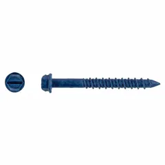 Steel hex-head screw anchor with drilling tip, 1/4 in diameter, 2 1/4 in overall length. External hex drive, removable design. Inch system, not graded. Pack of 2,000. Used for fastening into concrete, brick, or block.