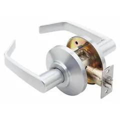 This passage lever lockset (ANSI F75) is designed for interior doors where locking is not required, such as hallways or closets. It features a satin chromium-plated zinc finish and a 7KC Contour Angle Return Lever. The lockset is ADA compliant and includes an interchangeable core for keying flexibility.