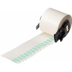 Green matte vinyl wraparound label measuring 1 1/2 in x 1/4 in, designed for wire gauges 10 AWG to 4 AWG. Compatible with M610 printer series and requires M7-R4300 ribbon. Used for permanent wire identification in electrical panels and industrial installations.