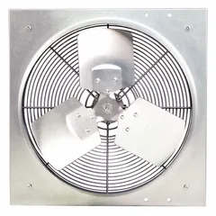 This direct-drive panel exhaust fan features a 14-inch blade and a 1/20 hp totally enclosed air-over motor, delivering 1152 cfm at 115V AC single-phase. The galvanized steel frame with stamped construction includes intake guards. Suitable for general ventilation in industrial and commercial spaces, it mounts in walls or panels to exhaust heat, fumes, or odors.