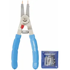 Convertible retaining-ring pliers for installing and removing both external and internal retaining rings. Accommodates bore diameters from 3/8 in to 2 in and shaft diameters from 1/4 in to 2 in. Suitable for general industrial maintenance and assembly tasks.
